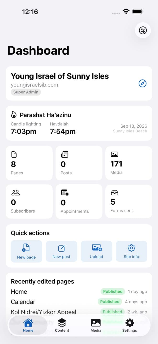 ShulMaker app dashboard for Young Israel of Sunny Isles showing Parashat Haazinu times, pages, media and quick actions